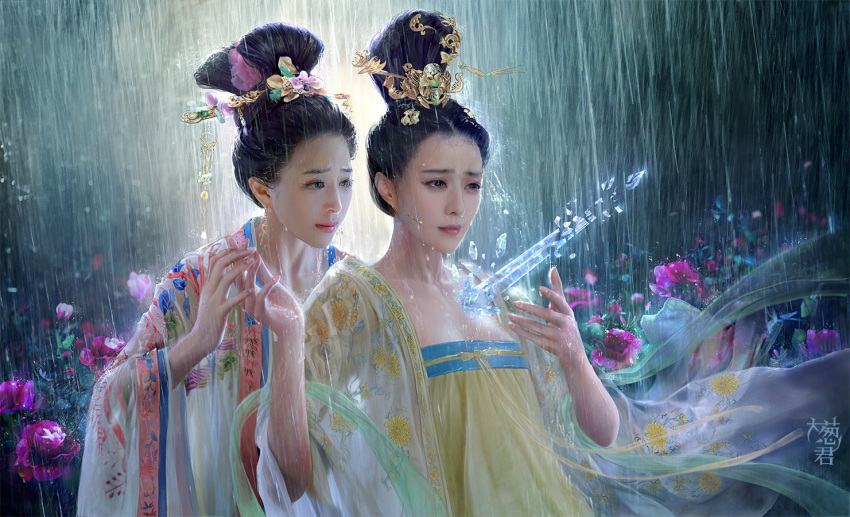 2girls arrow asian black_eyes black_hair broken character_request chinese_clothes collarbone dainegikun earrings fan_bingbing floral_print flower gold hair_flower hair_ornament hair_stick hair_up hands hands_together ice jewelry lips lipstick long_sleeves makeup multiple_girls peony_(flower) primrose_(flower) rain realistic rose touching traditional_clothes wet wide_sleeves