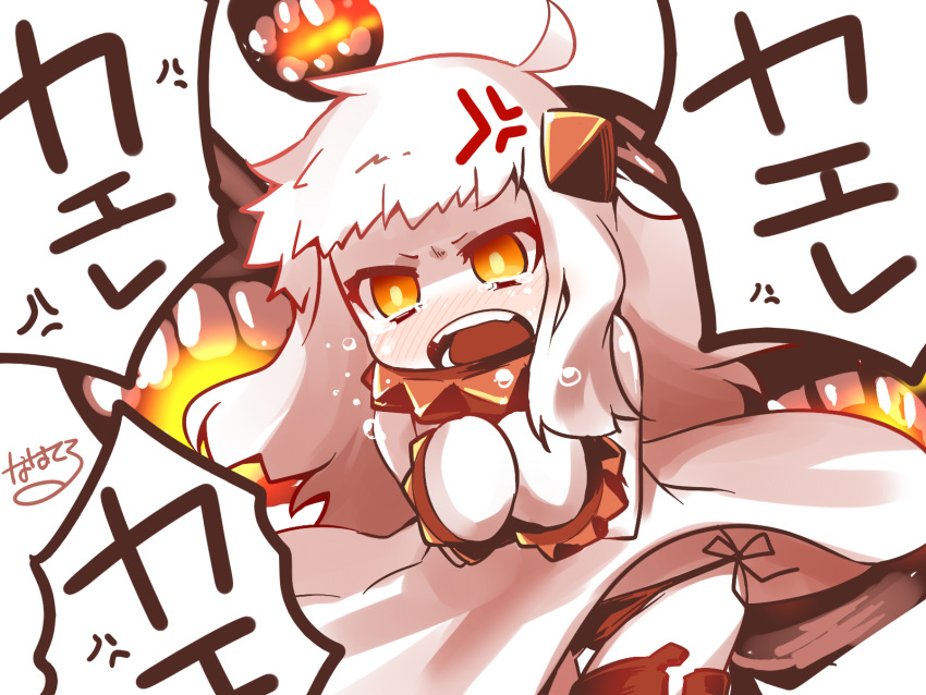 1girl ahoge anger_vein angry black_panties blush dress fangs fire hands_together highres kantai_collection long_hair mittens northern_ocean_hime open_mouth orange_eyes panties renkonan shinkaisei-kan side-tie_panties solo tears thigh_strap underwear white_dress white_hair