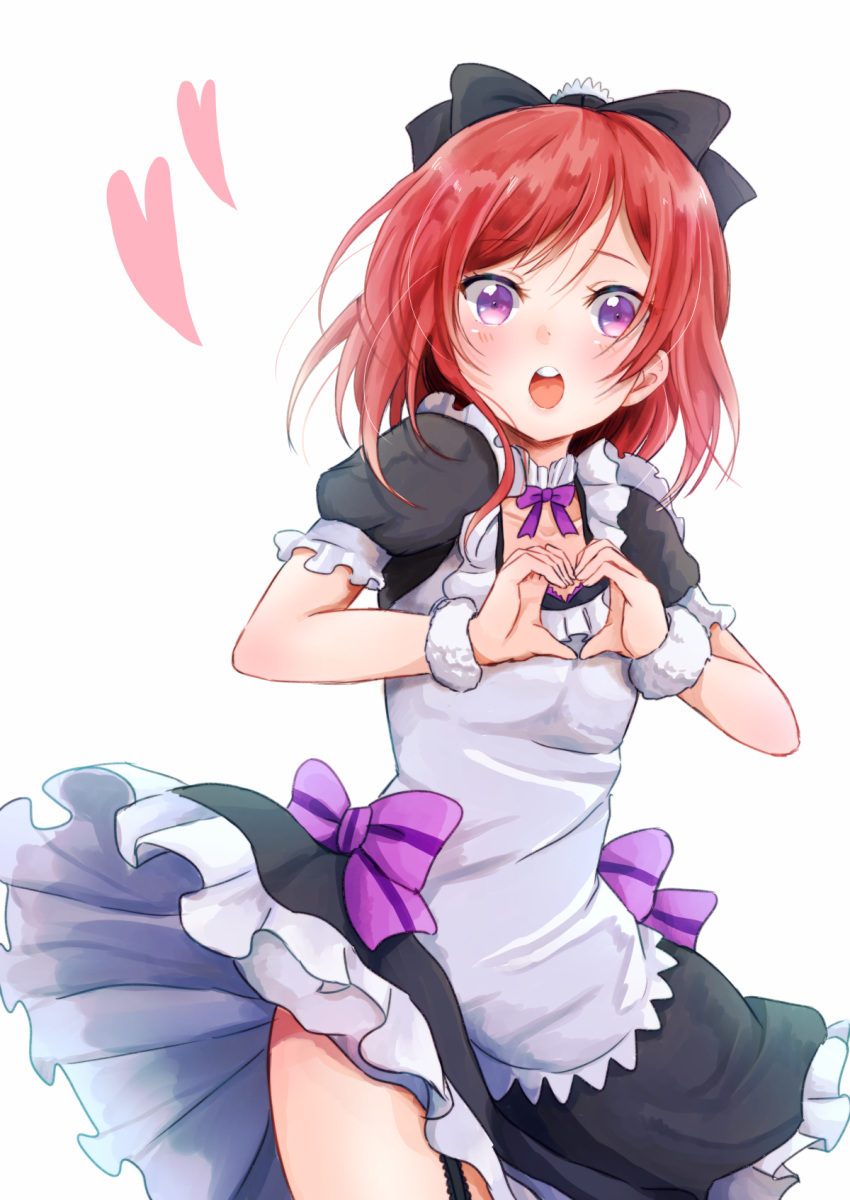 1girl apron blush bow dress frilled_dress frills hair_ribbon heart highres lilylion26 looking_at_viewer love_live!_school_idol_project maid maid_apron maid_headdress moe_moe_kyun! nishikino_maki open_mouth puffy_sleeves redhead ribbon short_hair short_sleeves simple_background solo standing violet_eyes white_background wrist_cuffs