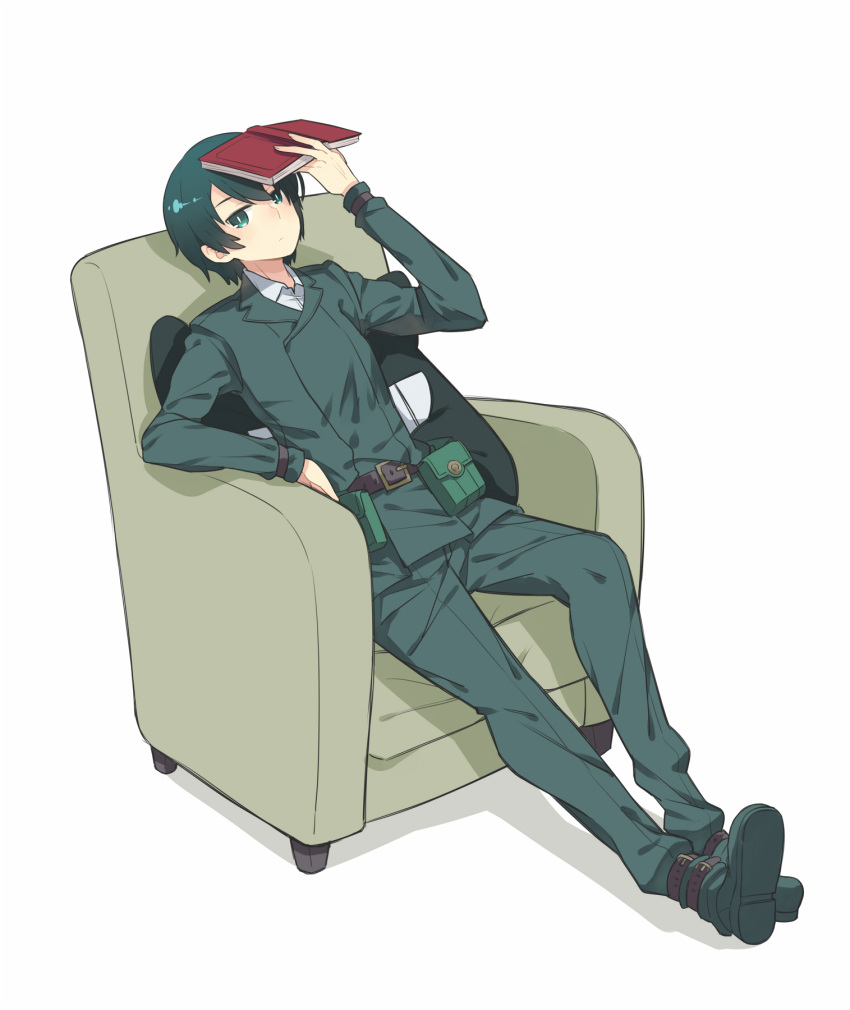1girl androgynous belt book chair expressionless green_eyes green_hair highres kino kino_no_tabi luo. pillow reverse_trap sitting solo