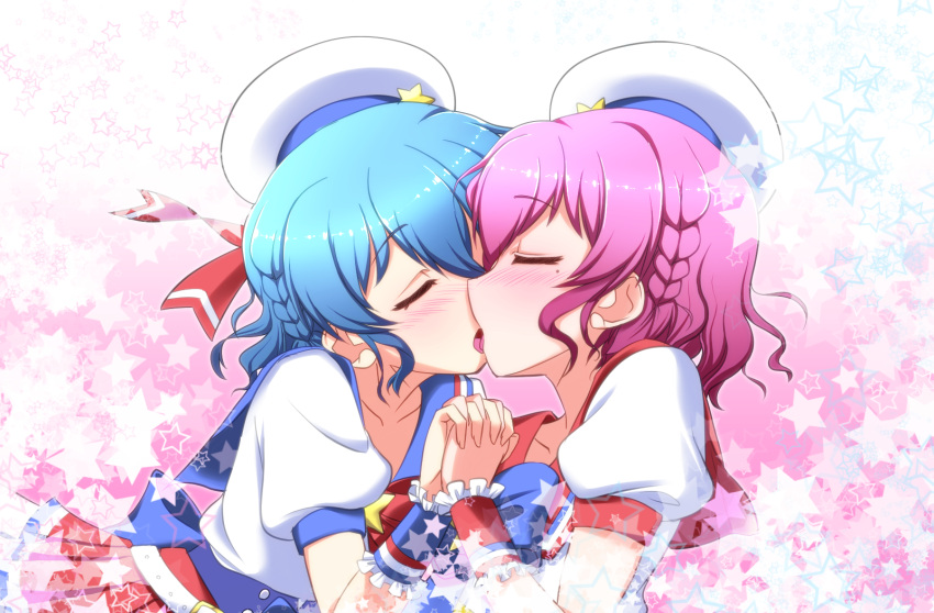 1boy 1girl blue_hair blush braid brother_and_sister closed_eyes dorothy_west french_kiss highres incest interlocked_fingers kiss leona_west matatabi_(2ccp) mole mole_under_eye pink_eyes pink_hair puri_para short_hair siblings tongue trap twincest twins