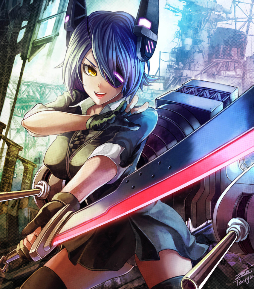 1girl absurdres artist_name black_legwear breasts character_name checkered_necktie eyepatch fingerless_gloves gloves headgear highres kantai_collection necktie panties short_hair signature skirt solo sword tenryuu_(kantai_collection) thigh-highs turret underwear weapon yellow_eyes zen_(jirakun)