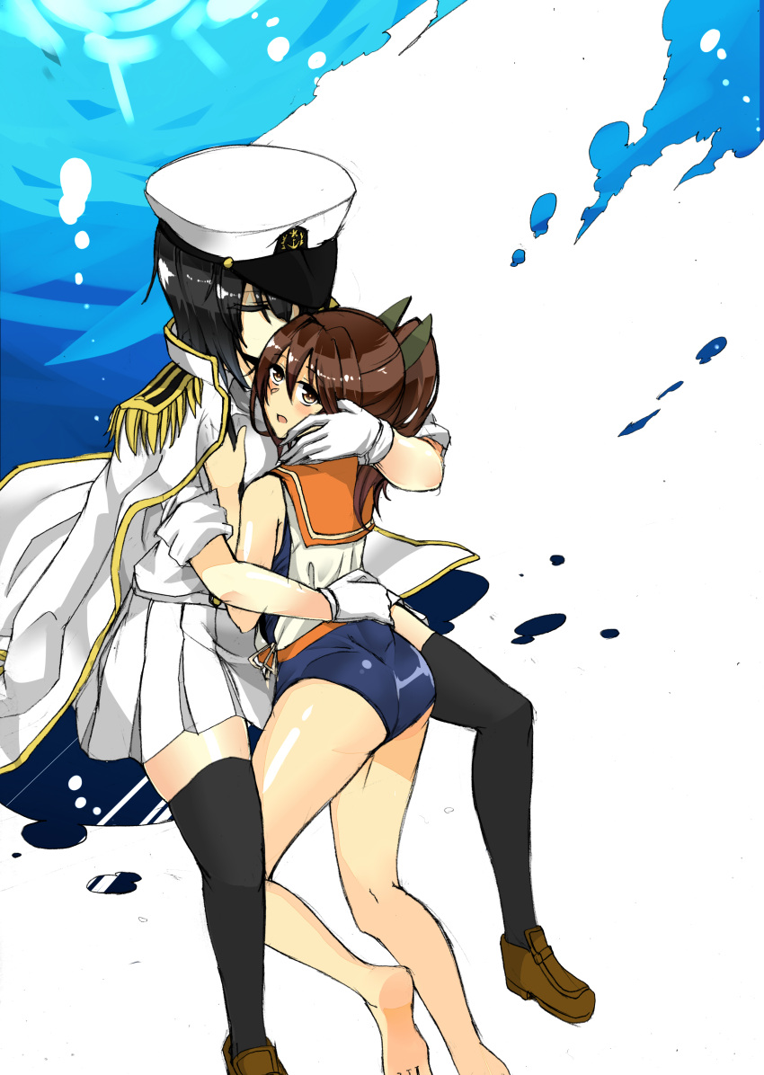 absurdres brown_hair female_admiral_(kantai_collection) fumotewi gloves highres hug i-401_(kantai_collection) kantai_collection multiple_girls ponytail school_swimsuit short_hair swimsuit swimsuit_under_clothes thigh-highs traditional_media