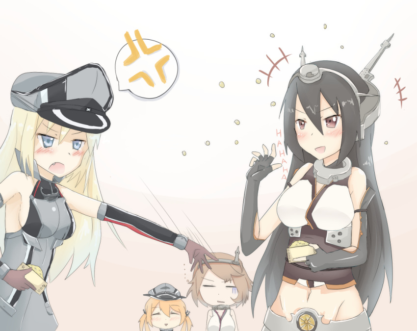 &gt;:d &gt;:o ... 4girls :d :o =_= anger_vein arm_warmers bare_shoulders beans bismarck_(kantai_collection) black_gloves black_hair blonde_hair blue_eyes brown_eyes brown_hair elbow_gloves fang fingerless_gloves gloves hat headgear kantai_collection katsuda_(katonnbootita) long_hair midriff multiple_girls mutsu_(kantai_collection) nagato_(kantai_collection) navel open_mouth orange_hair peaked_cap prinz_eugen_(kantai_collection) setsubun short_hair sleeveless smile throwing triangle_mouth twintails uniform