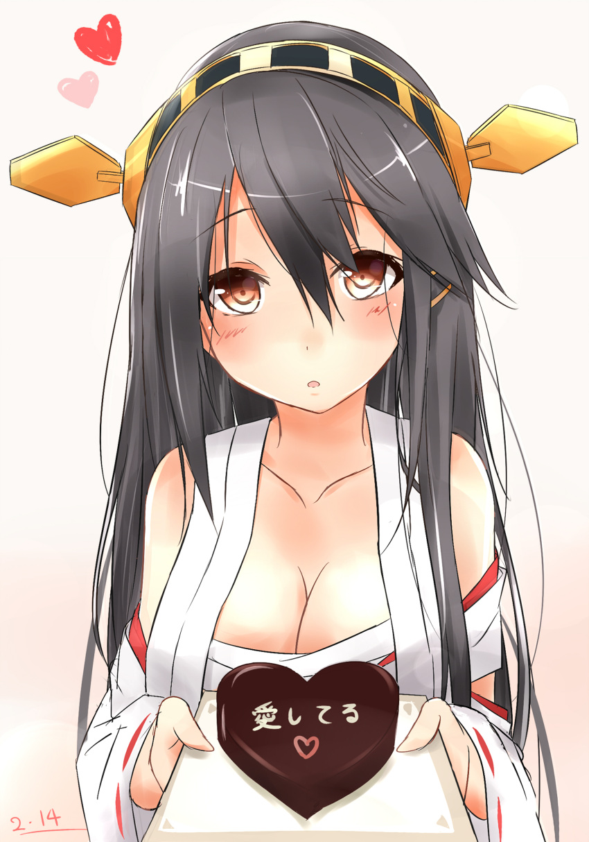 1girl absurdres bare_shoulders black_hair breasts bust chocolate chocolate_heart cleavage hairband haruna_(kantai_collection) heart highres kantai_collection long_hair looking_at_viewer open_mouth red_eyes saku_(kudrove) solo translation_request wide_sleeves