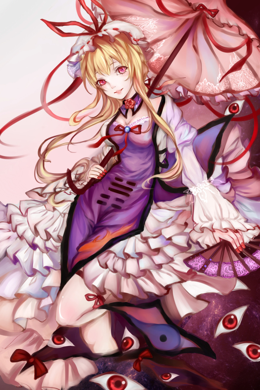 1girl adapted_costume blonde_hair breasts brooch choker cleavage dress eyes fan fingernails floating flower folding_fan frilled_dress frills galaxy gap hair_ribbon hair_up hat hat_ribbon highres himeki jewelry juliet_sleeves leg_up long_sleeves looking_at_viewer mob_cap nail_polish nose payot pink_eyes puffy_sleeves red_eyes red_nails ribbon rose smile solo space tabard thigh_ribbon touhou umbrella white_dress wind yakumo_yukari