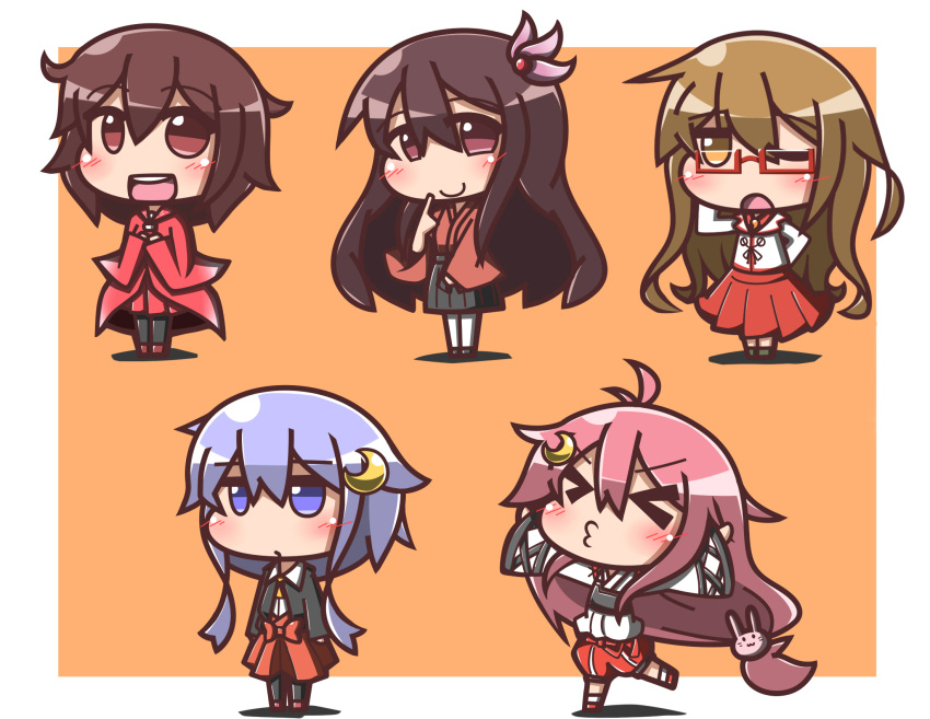 &gt;_&lt; 5girls :3 ahoge bangs blue_hair brown_hair bunny_hair_ornament chibi chitose_(kantai_collection) chitose_(kantai_collection)_(cosplay) cosplay crescent_hair_ornament feiton finger_to_mouth glasses hair_between_eyes hair_ornament highres houshou_(kantai_collection) houshou_(kantai_collection)_(cosplay) jitome jun'you_(kantai_collection) jun'you_(kantai_collection)_(cosplay) kantai_collection kisaragi_(kantai_collection) light_brown_hair long_hair looking_at_viewer looking_away mochizuki_(kantai_collection) multiple_girls mutsuki_(kantai_collection) open_mouth orange_background outstretched_arms pink_hair semi-rimless_glasses short_hair short_hair_with_long_locks simple_background smile spread_arms standing tareme uzuki_(kantai_collection) very_long_hair x3 yayoi_(kantai_collection) zuihou_(kantai_collection) zuihou_(kantai_collection)_(cosplay)