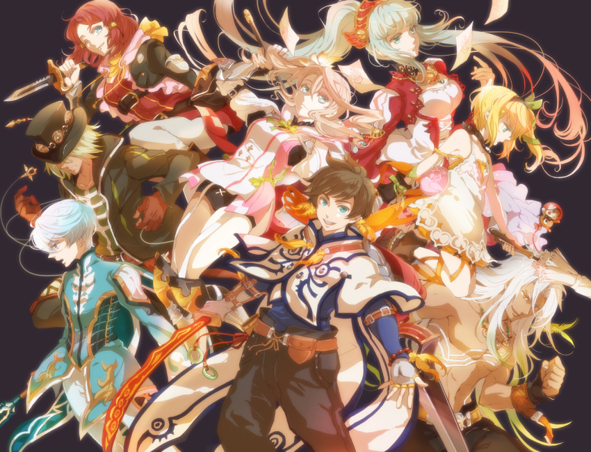 4boys 4girls alisha_(tales) blonde_hair blue_eyes boots brown_hair buruma cape choker closed_umbrella coat dagger dezel_(tales) edna_(tales) gloves green_eyes hairband hara_hikaru hat jacket jewelry knee_boots lailah_(tales) long_hair mikleo_(tales) multiple_boys multiple_girls necklace one_eye_closed pants ponytail redhead reverse_grip ribbon rose_(tales) shirt shirtless shoes short_hair side_ponytail smile sorey_(tales) sword tales_of_(series) tales_of_zestiria umbrella weapon white_hair yellow_eyes zavied_(tales)