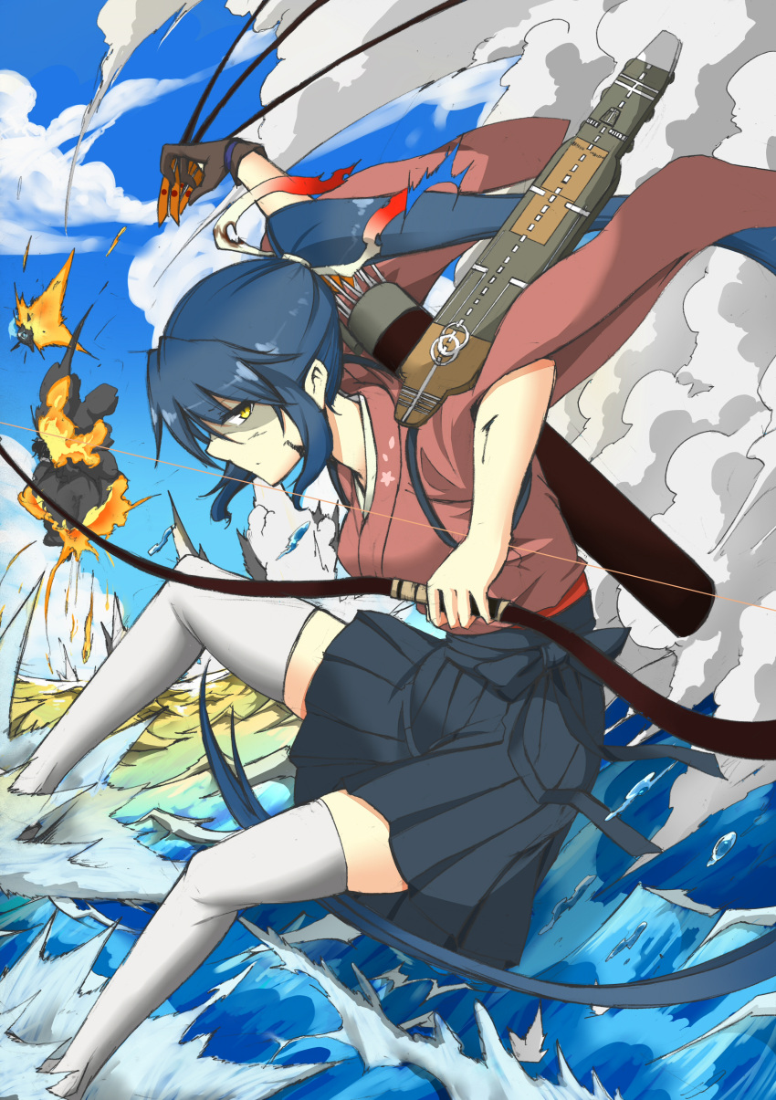absurdres arrow blood blue_hair bow_(weapon) clouds explosion fumotewi gloves highres houshou_(kantai_collection) japanese_clothes kantai_collection long_hair ocean ponytail sky thigh-highs traditional_media weapon yellow_eyes