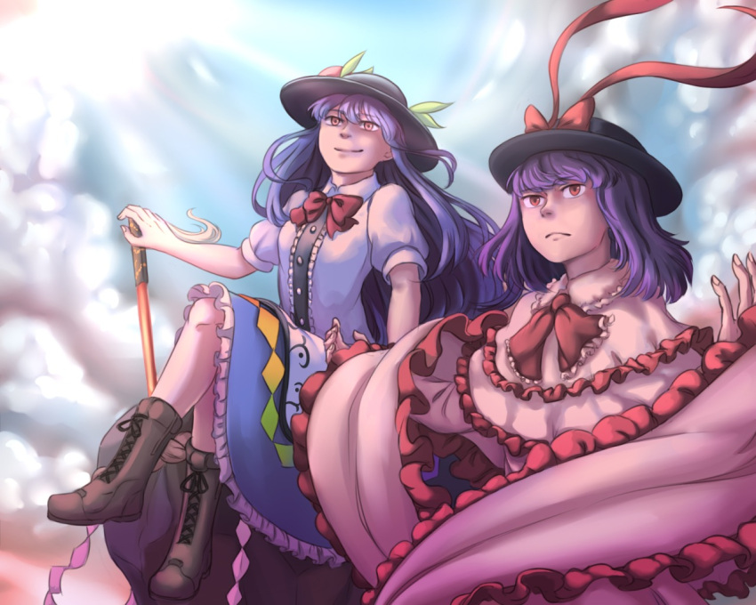 2girls blue_hair boots bowtie capelet clouds cross-laced_footwear crossed_legs expressionless food frills fruit hat hat_ribbon hinanawi_tenshi long_hair looking_away looking_up mefomefo multiple_girls nagae_iku neck_ribbon outstretched_arms peach purple_hair ribbon rock shawl sitting skirt sky smile spread_arms sunlight sword_of_hisou touhou