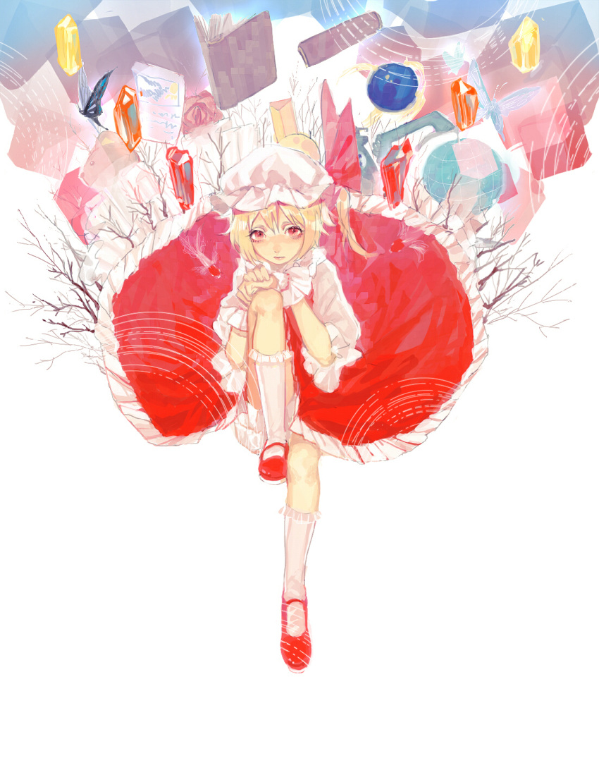 1girl blonde_hair bloomers book butterfly dress fish flandre_scarlet gem goldfish hands_on_knee highres leg_up looking_at_viewer mob_cap red_dress red_eyes side_ponytail sitting solo tian_(my_dear) touhou underwear wrist_cuffs