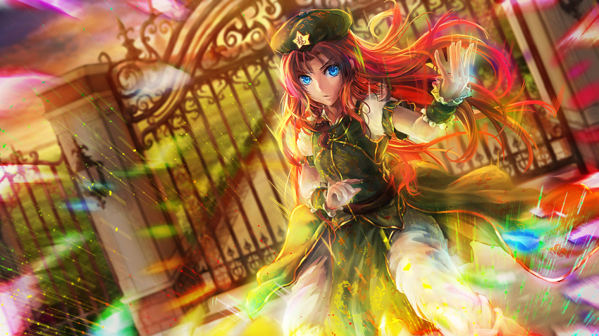 &gt;:o 1girl :o beret blue_eyes fence fighting_stance freeze-ex gate glowing hat hong_meiling long_hair looking_at_viewer pants pose redhead short_sleeves solo star touhou wrist_cuffs