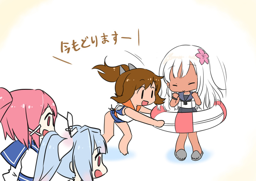 4girls :d bare_arms bare_legs blue_hair brown_hair flower gradient_hair hair_flower hair_ornament hair_ribbon i-168_(kantai_collection) i-19_(kantai_collection) i-401_(kantai_collection) innertube kantai_collection long_hair multicolored_hair multiple_girls open_mouth pink_hair ponytail ribbon ro-500_(kantai_collection) sailor_collar school_swimsuit school_uniform serafuku shibi slippers smile swimsuit swimsuit_under_clothes tan tanline translated twintails white_hair x |_|