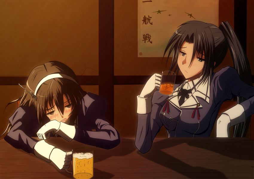 2girls alcohol arm_support ashigara_(kantai_collection) bar beer beer_mug black_hair blush brown_hair drunk gloves hairband hand_on_own_face highres ice ice_cube indoors kantai_collection long_hair looking_at_another multiple_girls nachi_(kantai_collection) open_mouth ponytail poster uniform
