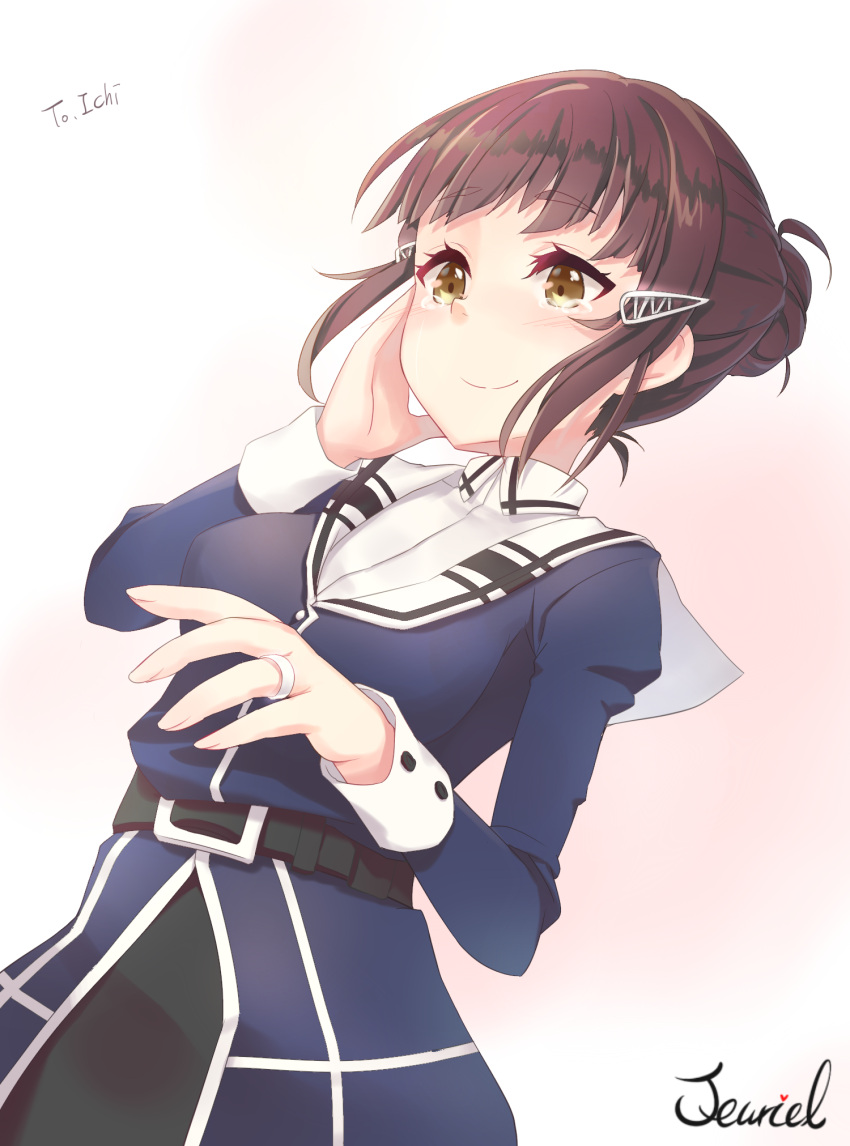 1girl artist_name belt brown_eyes brown_hair collarbone gradient gradient_background hair_bun hair_ornament hairclip hand_on_own_face highres jewelry jewriel kantai_collection long_sleeves military military_uniform myoukou_(kantai_collection) puffy_long_sleeves puffy_sleeves ring smile solo tears uniform wedding_band
