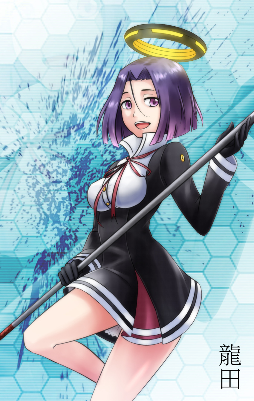 1girl blue_background breasts character_name cowboy_shot flyt highres holding honeycomb_background kantai_collection long_sleeves looking_at_viewer looking_to_the_side mechanical_halo miniskirt neck_ribbon open_mouth pleated_dress polearm purple_hair ribbon short_hair skirt smile solo splatter tatsuta_(kantai_collection) violet_eyes weapon