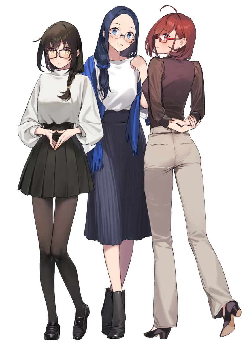 3girls 92m absurdres arms_behind_back black-framed_eyewear black_footwear black_pantyhose black_skirt blue_eyes blue_hair blue_scrunchie brown_pants brown_pantyhose brown_sweater dateko full_body glasses hair_ornament hair_scrunchie highres kakita kakita_(92m) kinshi_no_ane long_hair long_sleeves looking_at_viewer multiple_girls original pants pantyhose pink_eyes pleated_skirt rectangular_eyewear red-framed_eyewear redhead round_eyewear scrunchie shirt shoes short_hair simple_background skirt standing sweater white_background white_shirt yellow_eyes