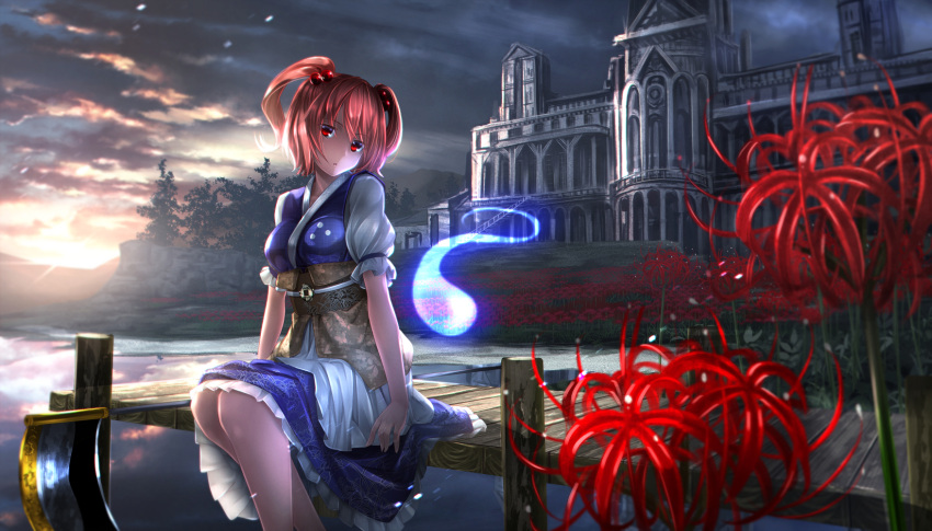 1girl clouds cloudy_sky coin flower frills hair_bobbles hair_ornament highres hitodama looking_at_viewer onozuka_komachi open_mouth outdoors pier red_eyes redhead river ryosios sanzu_river scythe short_hair short_sleeves sky solo spider_lily touhou twintails