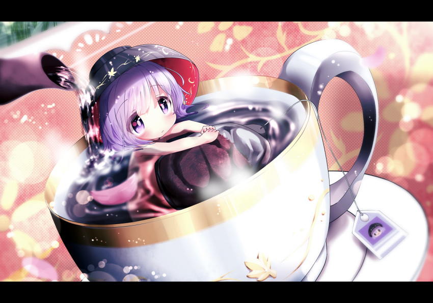 1girl akisha bathing bowl cup hat highres in_container in_cup letterboxed looking_at_viewer minigirl pouring purple_hair solo sukuna_shinmyoumaru teabag teacup teapot touhou violet_eyes