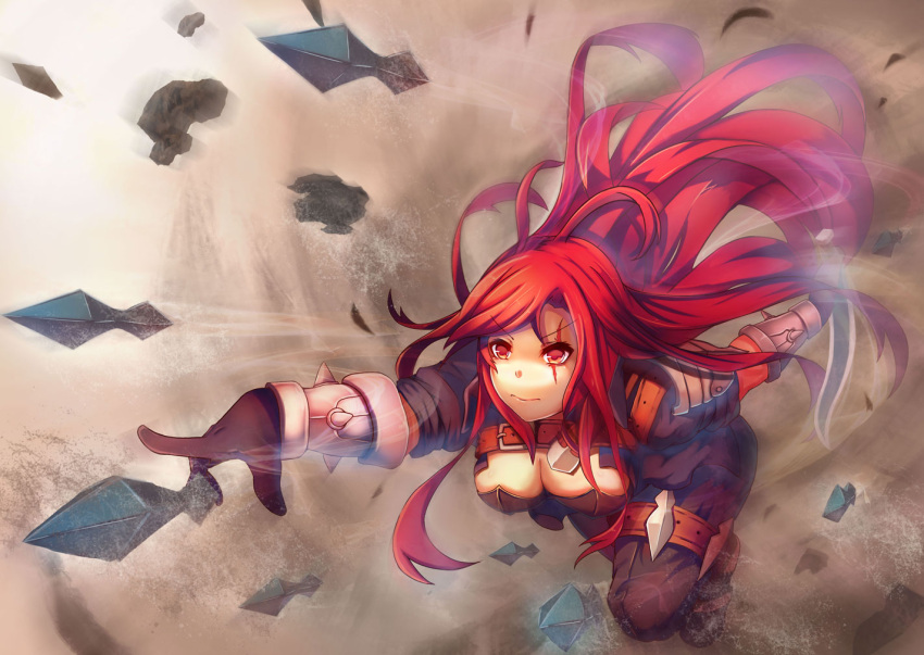 1girl belt black_clothes breasts cleavage cropped_jacket dagger katarina_du_couteau league_of_legends long_hair midriff red_eyes redhead scar scar_across_eye vococo weapon