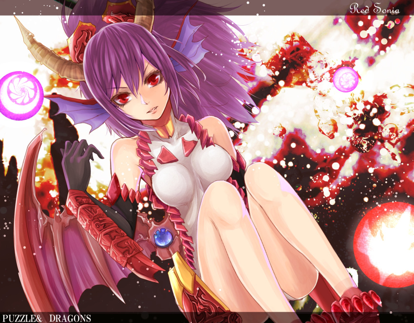 1girl animal_ears bare_shoulders highres horns letterboxed long_hair looking_at_viewer ponytail purple_hair puzzle_&amp;_dragons red_eyes solo sonia_(p&amp;d) talons wings yukihama