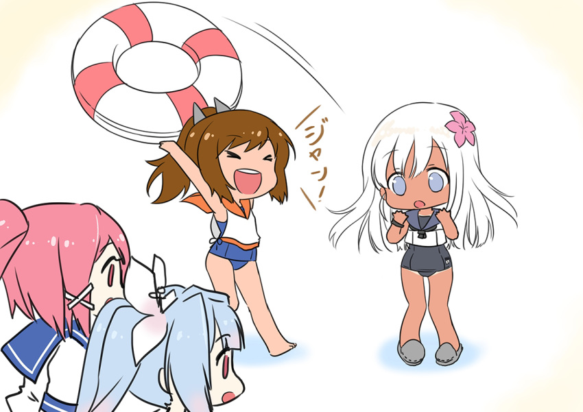 &gt;_&lt; 4girls :d :o bare_arms bare_legs blue_hair brown_hair flower gradient_hair hair_flower hair_ornament hair_ribbon i-168_(kantai_collection) i-19_(kantai_collection) i-401_(kantai_collection) innertube kantai_collection long_hair multicolored_hair multiple_girls open_mouth pink_hair ponytail ribbon ro-500_(kantai_collection) sailor_collar school_swimsuit school_uniform serafuku shibi slippers smile swimsuit swimsuit_under_clothes tan tanline translated twintails white_hair xd