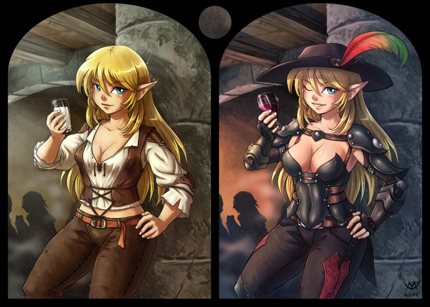 1girl 2015 alcohol before_and_after blonde_hair blue_eyes borrowed_character breast_expansion breasts cleavage elf glass hand_on_hip hat level_up long_hair maxa' milk one_eye_closed original parted_lips plume pointy_ears smile spaulders tavern vambraces wine