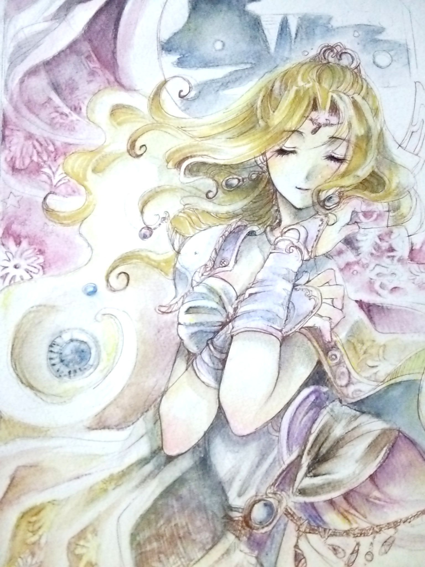 1girl abstract_background blonde_hair bridal_gauntlets cape closed_eyes cowboy_shot earrings final_fantasy final_fantasy_iv graphite_(medium) hands_on_own_chest highres jewelry long_hair nijinohouseki rosa_farrell smile solo spaulders tiara traditional_media watercolor_(medium) wind