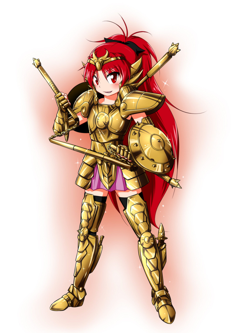 1girl armor bow breastplate chain circlet commentary gold_saint greaves hair_bow highres kouga_(hipporit) libra_dohko mahou_shoujo_madoka_magica parody pauldrons polearm ponytail red_eyes redhead saint_seiya sakura_kyouko shield smile solo thigh-highs weapon zettai_ryouiki