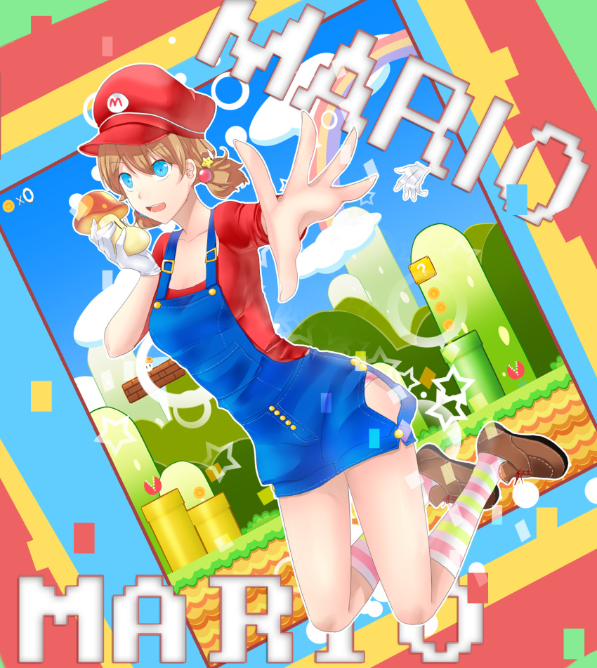 1girl :d ?_block bent_knees blue_eyes brown_hair character_name clouds coin glove_removed hair_bobbles hair_ornament hat highres jumping mario mario_(cosplay) mushroom open_mouth original outstretched_hand overalls pipe piranha_plant rainbow single_glove smile socks solo starman_(mario) striped striped_legwear super_mario_bros. twintails warp_pipe y.i._(lave2217)