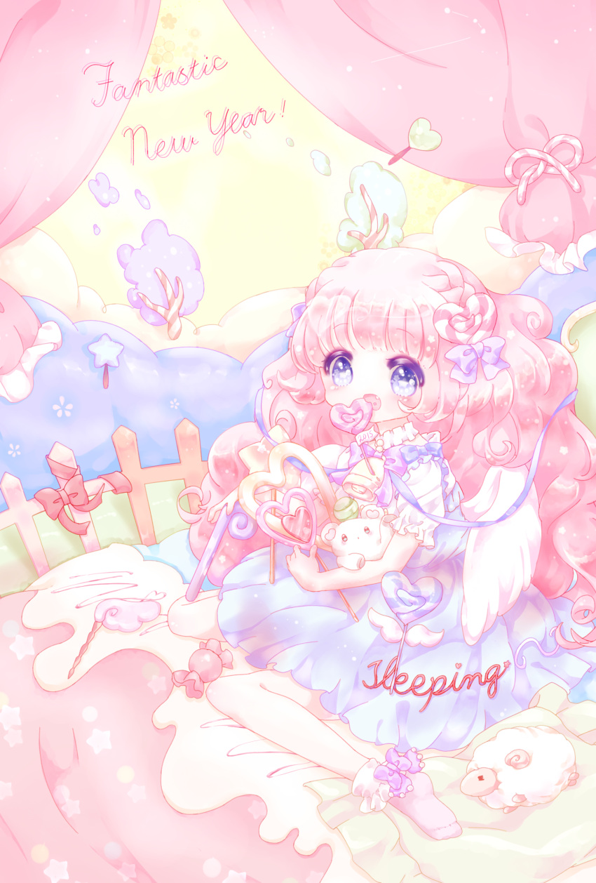 1girl 2015 absurdres angel_wings ankle_bow ankleband bell bell_collar blue_eyes bow braid candy candy_cane collar curtains detached_collar dress fang fence flag frilled_collar frilled_shirt hair_ornament happy_new_year heart heart_hair_ornament highres lollipop long_hair new_year original pillow pink_hair ribbon sitting solo sparkle_eyes stuffed_animal stuffed_sheep stuffed_toy teddy_bear tree umina_kurumi wariza wavy_hair wings wrapped_candy