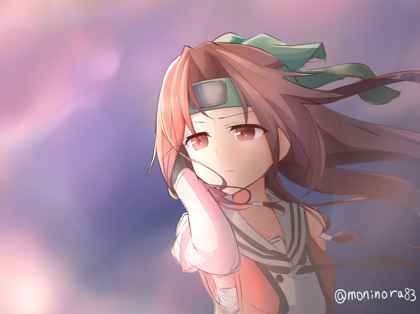 1girl arm_up brown_eyes brown_hair bust hachimaki hair_in_mouth headband jintsuu_(kantai_collection) kantai_collection long_hair moninora_(moninora83) solo