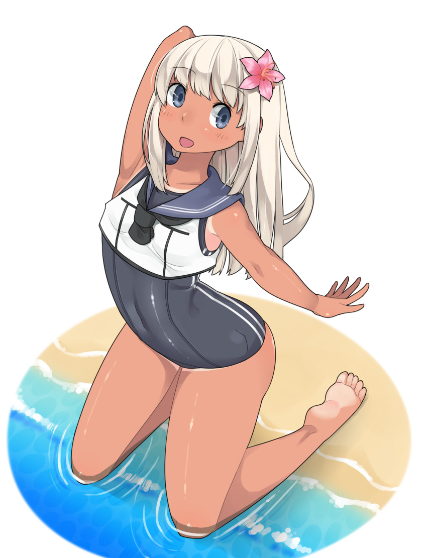 1girl blonde_hair blue_eyes crop_top flower hair_flower hair_ornament highres kantai_collection kneeling long_hair mikusu ro-500_(kantai_collection) sailor_collar school_swimsuit swimsuit swimsuit_under_clothes tan tanline