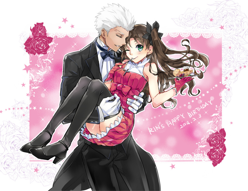 1girl archer brown_hair carrying cross cross_necklace dark_skin dress fate/stay_night fate_(series) food formal gloves green_eyes hair_ribbon highres hosiko01 jewelry necklace one_eye_closed princess_carry ribbon suit thigh-highs toosaka_rin two_side_up white_hair
