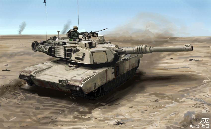 artist_name blue_sky dated desert hai_to_hickory highres m1_abrams military military_vehicle sky smoke soldier tank turret vehicle
