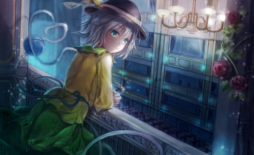 1girl building cross eyeball flower green_eyes green_hair hair_ribbon hat heart heart_of_string highres jewelry komeiji_koishi lamp light_particles long_sleeves looking_at_viewer looking_back necklace pupil_g ribbon rose shirt short_hair skirt smile solo string theater third_eye touhou