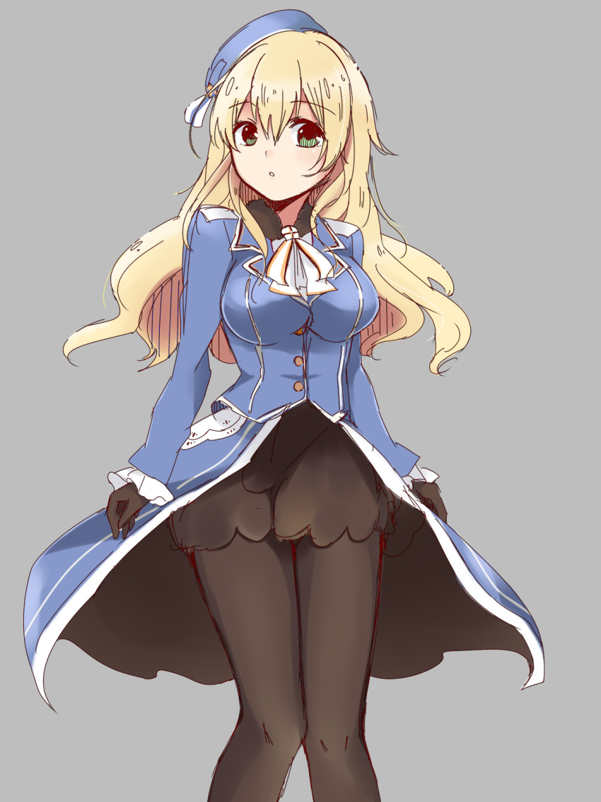 1girl :o atago_(kantai_collection) beret black_gloves blonde_hair breasts brown_legwear cowboy_shot gloves green_eyes grey_background hat highres kantai_collection knees_together_feet_apart large_breasts long_hair long_sleeves looking_at_viewer military military_uniform richard simple_background solo uniform