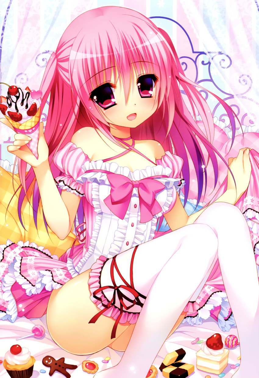 1girl :d absurdres breasts cake candy cookie criss-cross_halter cupcake detached_sleeves dress food gingerbread_man halter_top halterneck highres ice_cream ice_cream_cone kanadome_miyako lollipop nanaka_mai open_mouth pillow pink_eyes pink_hair pure_girl smile tagme thigh-highs white_legwear