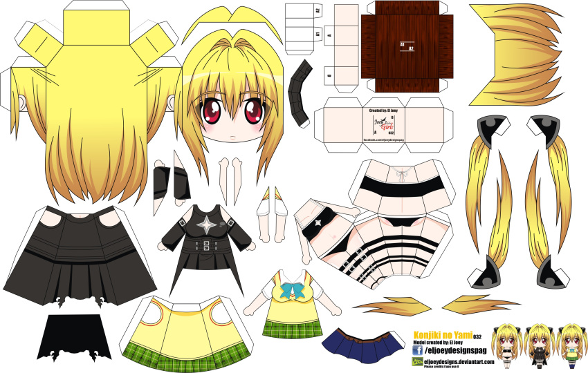 1girl absurdres artist_name blonde_hair breasts character_name chibi detached_sleeves el_joey highres konjiki_no_yami long_hair navel paper_cut-out papercraft red_eyes school_uniform solo to_love-ru twintails watermark web_address