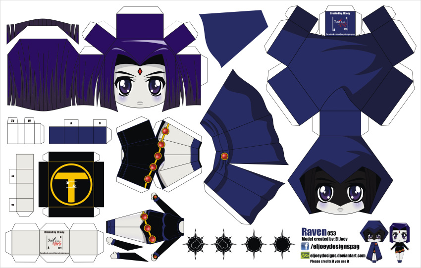1girl absurdres artist_name character_name chibi cloak dc_comics el_joey facial_mark forehead_mark grey_skin highres paper_cut-out papercraft purple_hair raven_(dc) solo teen_titans violet_eyes watermark web_address