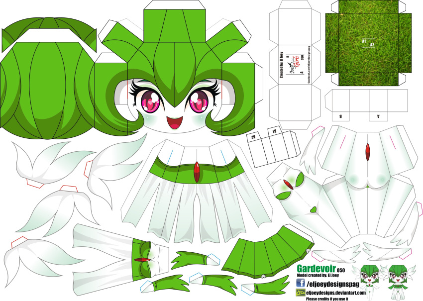 1girl :d artist_name character_name chibi el_joey gardevoir green_hair highres open_mouth paper_cut-out papercraft pink_eyes pokemon smile solo watermark web_address white_skin