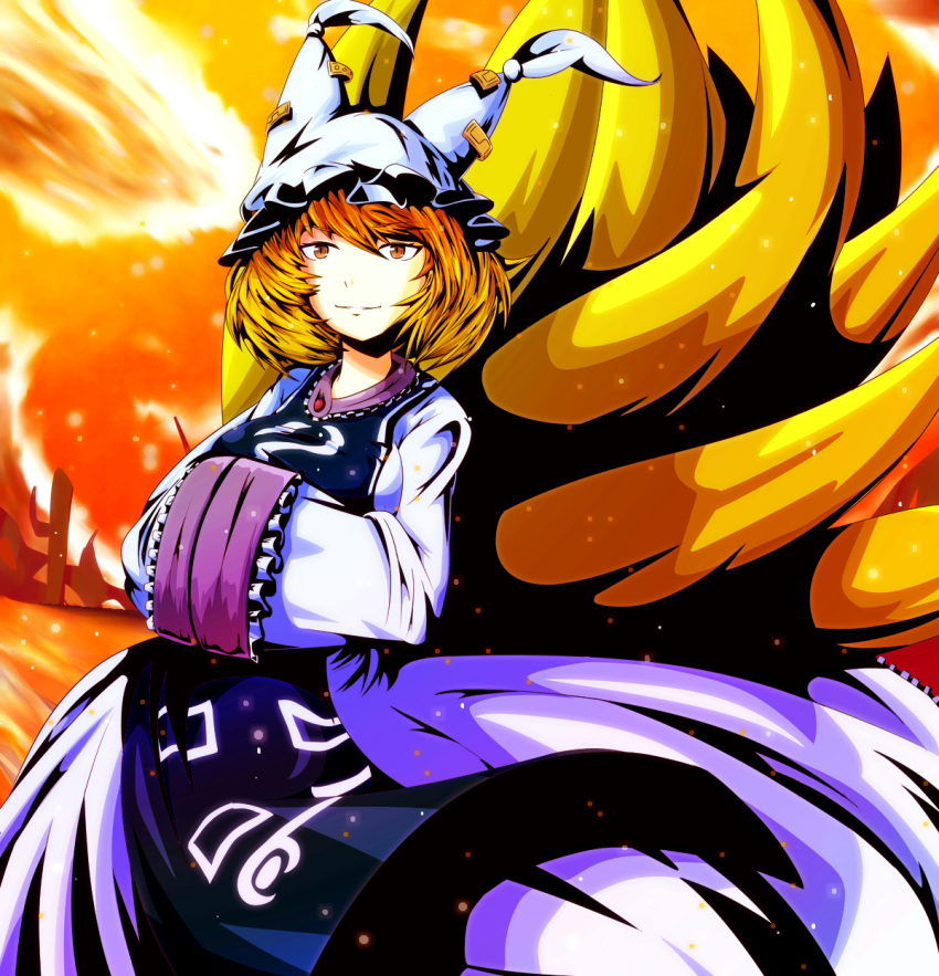 1girl blonde_hair cactus clouds dress fox_tail hands_in_sleeves hat hat_with_ears highres kuromochi_(qkbhf073) light_particles light_smile looking_at_viewer multiple_tails ofuda parted_lips short_hair solo sunset tabard tail touhou yakumo_ran yellow_eyes