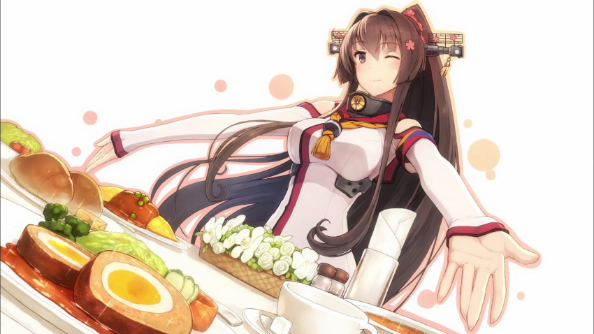 1girl ;) bare_shoulders bread breasts brown_eyes brown_hair cherry_blossoms eyecatch flower food hair_flower hair_intakes hair_ornament headgear highres kantai_collection large_breasts long_hair long_sleeves napkin omelet one_eye_closed outstretched_arms peas plate ponytail salt_shaker screencap shizuma_yoshinori sleeves_past_wrists smile solo sparkle table very_long_hair yamato_(kantai_collection)