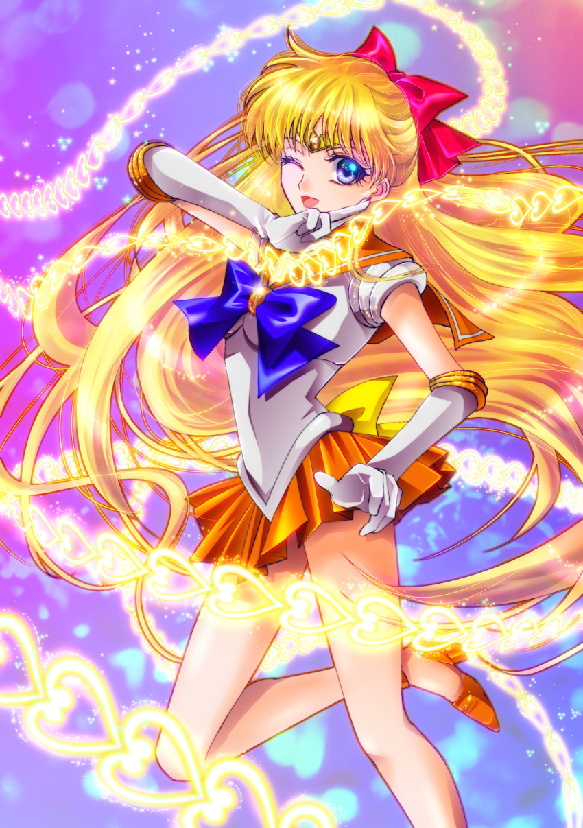 1girl abstract_background aino_minako bishoujo_senshi_sailor_moon blonde_hair blue_eyes bow chain choker earrings elbow_gloves glint gloves hair_bow half_updo heart high_heels highres jewelry long_hair looking_at_viewer magical_girl one_eye_closed open_mouth orange_skirt sailor_venus skirt solo sparkle standing standing_on_one_leg tiara tsukasaki_ryouko