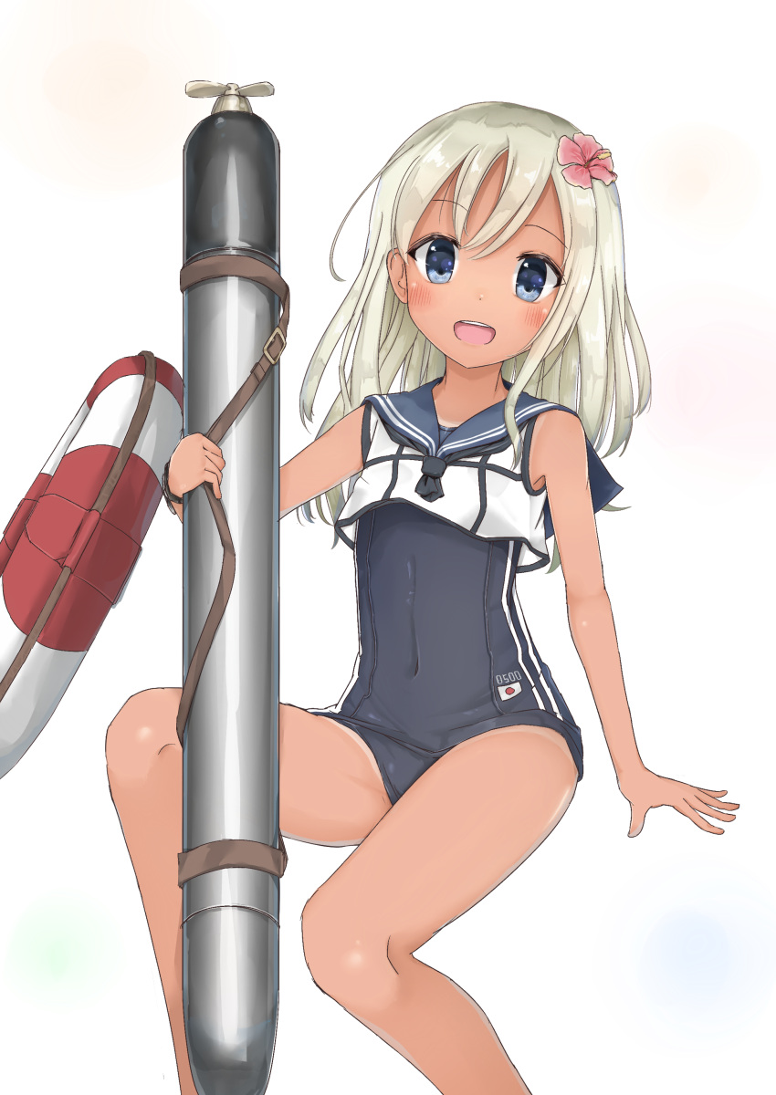 1girl :d absurdres arm_support bare_legs bare_shoulders blue_eyes blush covered_navel crop_top crop_top_overhang flower hair_flower hair_ornament hibiscus highres kantai_collection lifebuoy long_hair looking_at_viewer neckerchief open_mouth ro-500_(kantai_collection) sailor_collar school_swimsuit silhouette_(oguillst) silver_hair simple_background smile solo swimsuit swimsuit_under_clothes tan tanline torpedo white_background