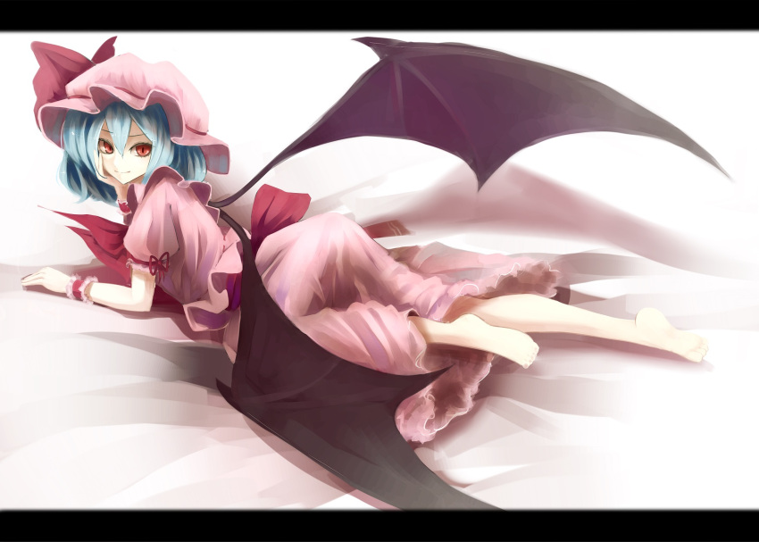 1girl arm_support barefoot bat_wings blue_hair fami_(yellow_skies) frills hat hat_ribbon highres looking_at_viewer lying mob_cap on_stomach red_eyes remilia_scarlet ribbon short_hair skirt skirt_set slit_pupils solo touhou wings wrist_cuffs