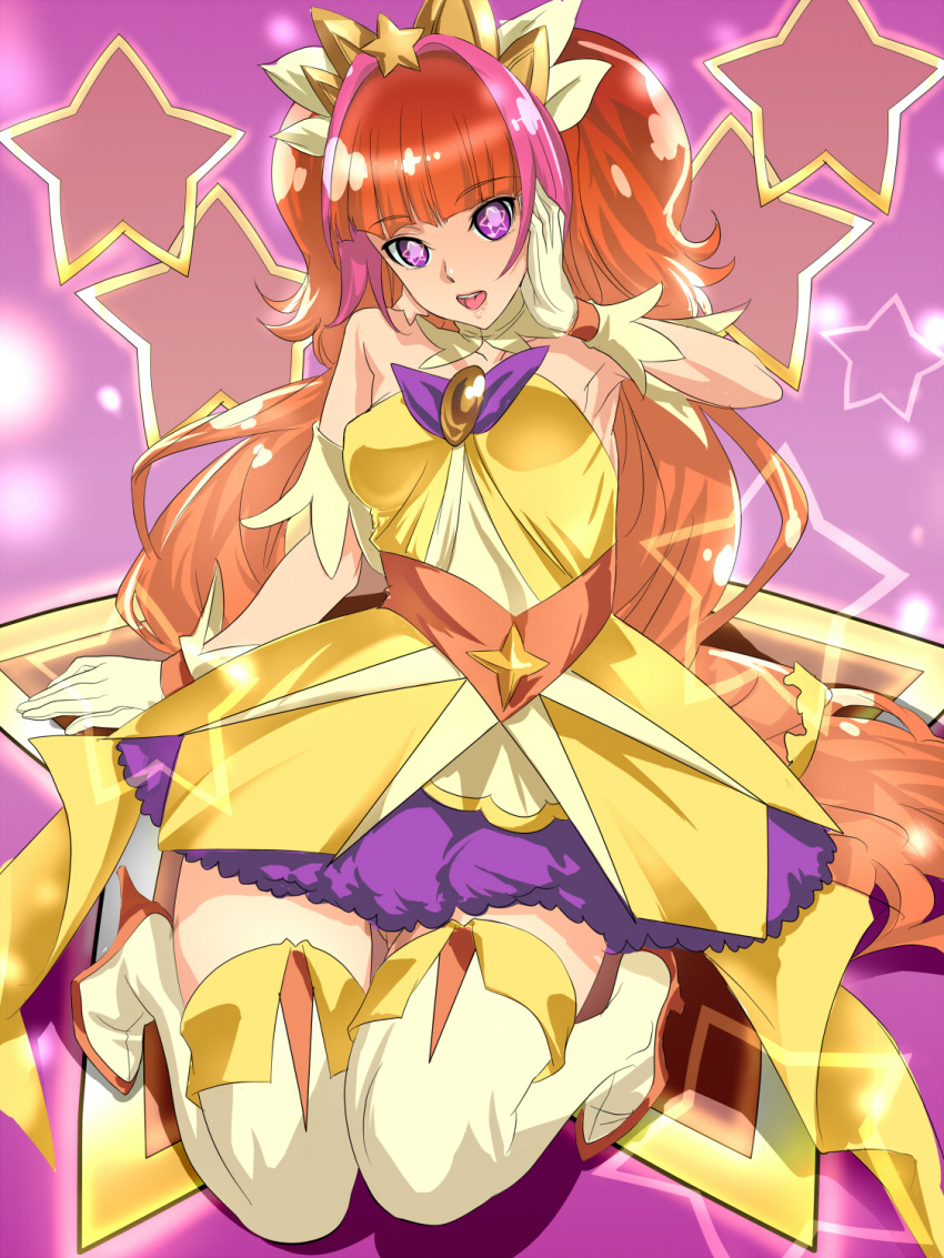amanogawa_kirara blush cure_twinkle dress gloves go!_princess_precure long_hair magical_girl orange_hair purple_eyes ribbon smile twintails