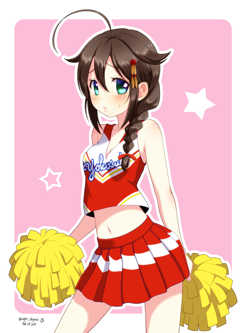 1girl ahoge blue_eyes blush braid brown_hair cheerleader dated gradient_eyes hair_flaps highres kantai_collection looking_at_viewer m-shiganai midriff multicolored_eyes navel pom_poms red_clothes shigure_(kantai_collection) single_braid solo sweatdrop twitter_username variations