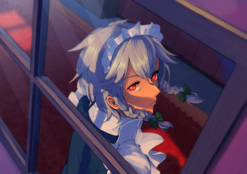 1girl berabou black_dress braid bust commentary_request dress hallway izayoi_sakuya looking_at_viewer looking_out_window maid maid_headdress red_eyes shirt silver_hair solo touhou twin_braids