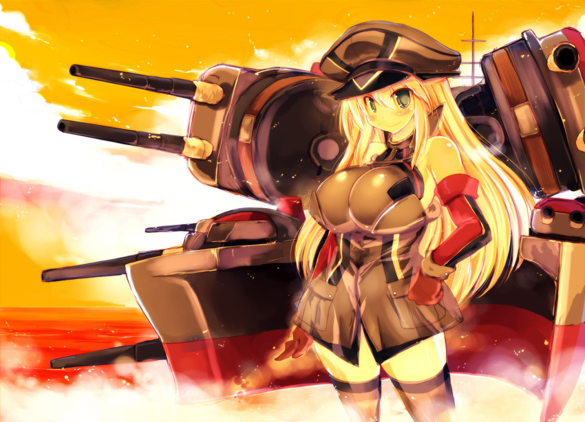 1girl bare_shoulders bismarck_(kantai_collection) breasts hand_on_hip hat kantai_collection large_breasts long_hair military military_uniform peaked_cap sakaki_(noi-gren) solo turret uniform